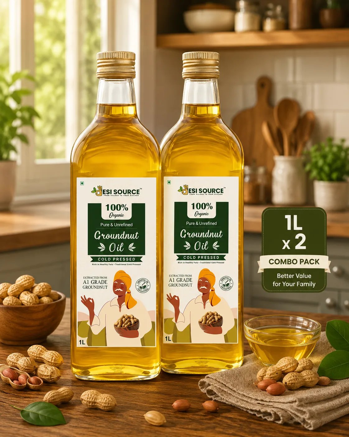 DesiSource Cold Pressed Groundnut Oil Combo (1L × 2) | 100% Pure & Unrefined | Chemical Free | Everyday Family Pack